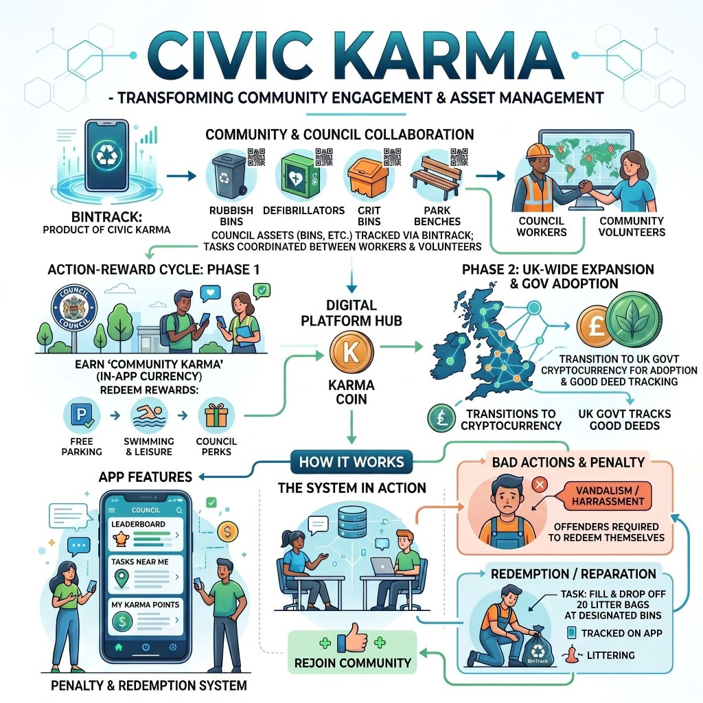The Civic Karma bigger picture diagram showing community, council and asset coordination