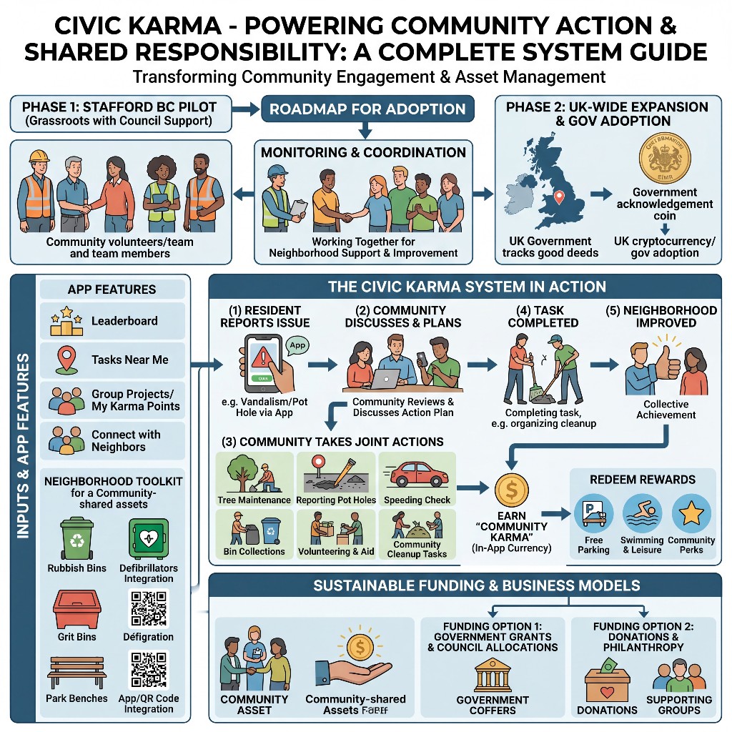 Civic Karma complete system diagram — actors, flows, funding and impact