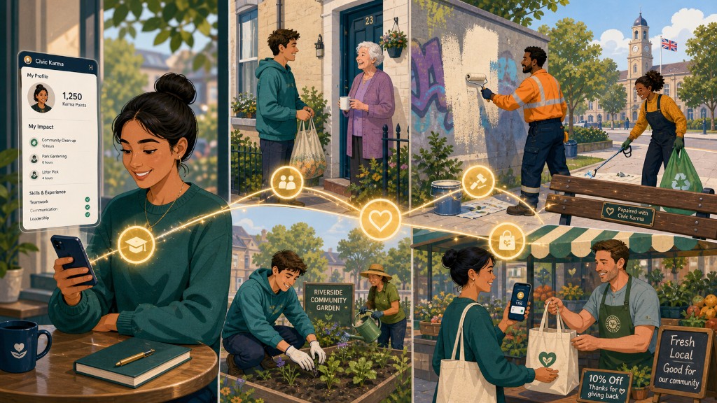 Concept collage — a resident reviews their karma profile in-app, a young man helps an elderly neighbour with shopping, a council worker paints over graffiti, and a volunteer litter-picks in a town square