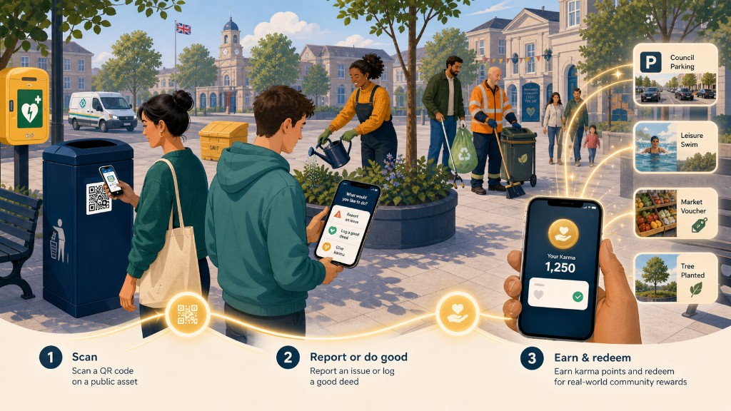 Illustrated 3-step loop — 1. Scan the QR on a bin or asset, 2. Report or do a good deed, 3. Earn and redeem karma for parking, swims, vouchers or a tree planted