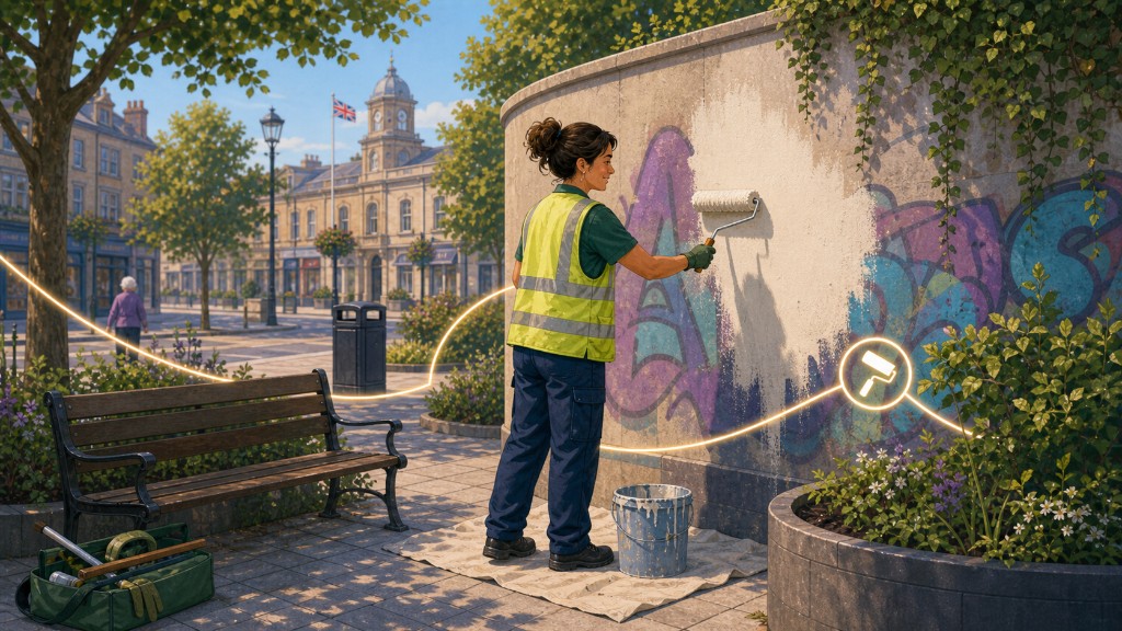 A council worker in hi-vis painting over graffiti on a wall, with a karma coin loop above — turning penalty into reparation