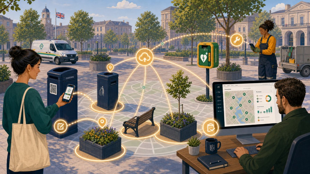 Three-sided loop in one square — citizens scanning QR codes, council workers in hi-vis with the worker app, and a council dashboard on a wall-mounted monitor